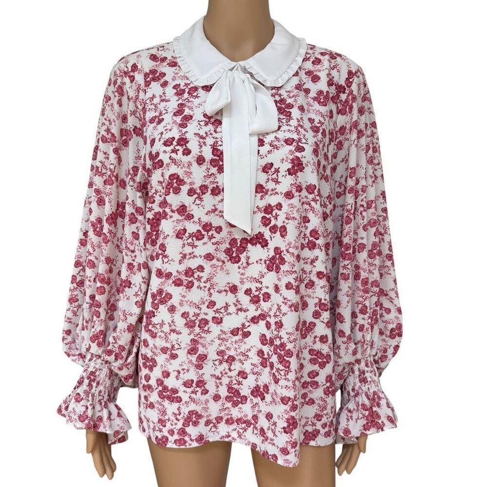 CeCe Top Women White Pink Floral Blouse Long Sleeve Collared size L